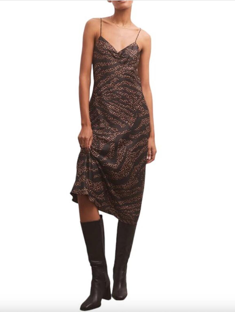 Z Supply Lark Wild Dot Slip Midi Dress Black Brown Animal Print, Size L